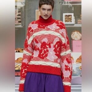 ZARA Jacquard Knit Sweater Red Pink Floral Mock Neck Long Sleeve S
